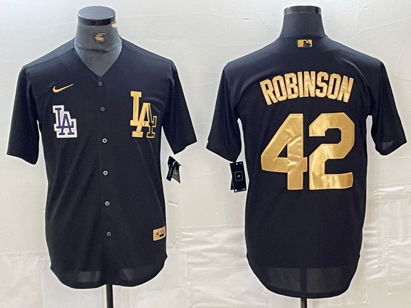 Men Los Angeles Dodgers 42 Robinson Black gold 4 th generation Nike 2024 MLB Jersey style 2